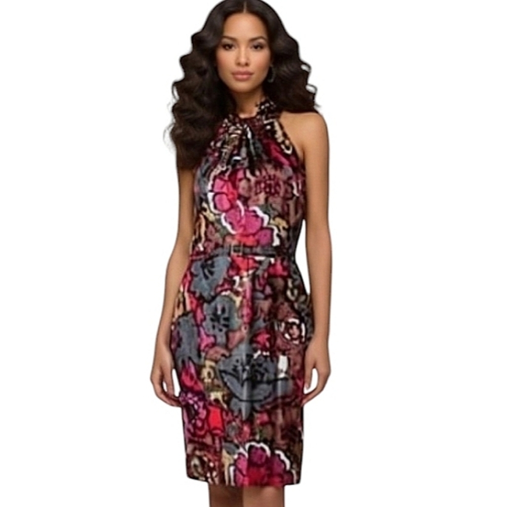 2327 * Trina Turk Artist Garden Floral Halter Silk Dress Red Gray Size 10 NWT